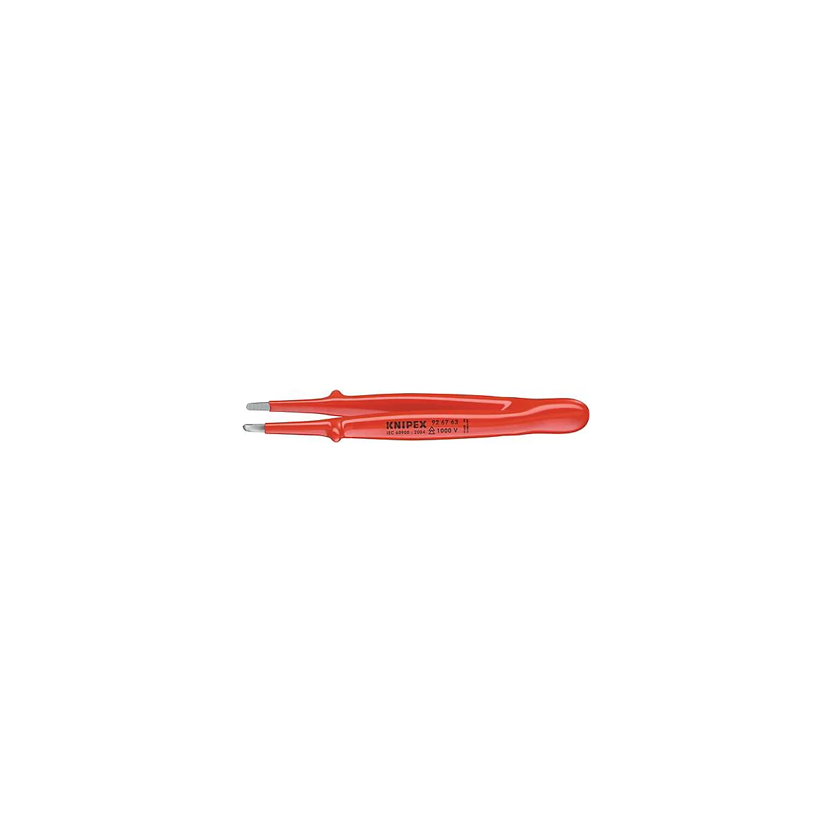 Pince à épiler isolée rouge avec pointes argentées, portant la mention 'KNIPEX' et les spécifications.