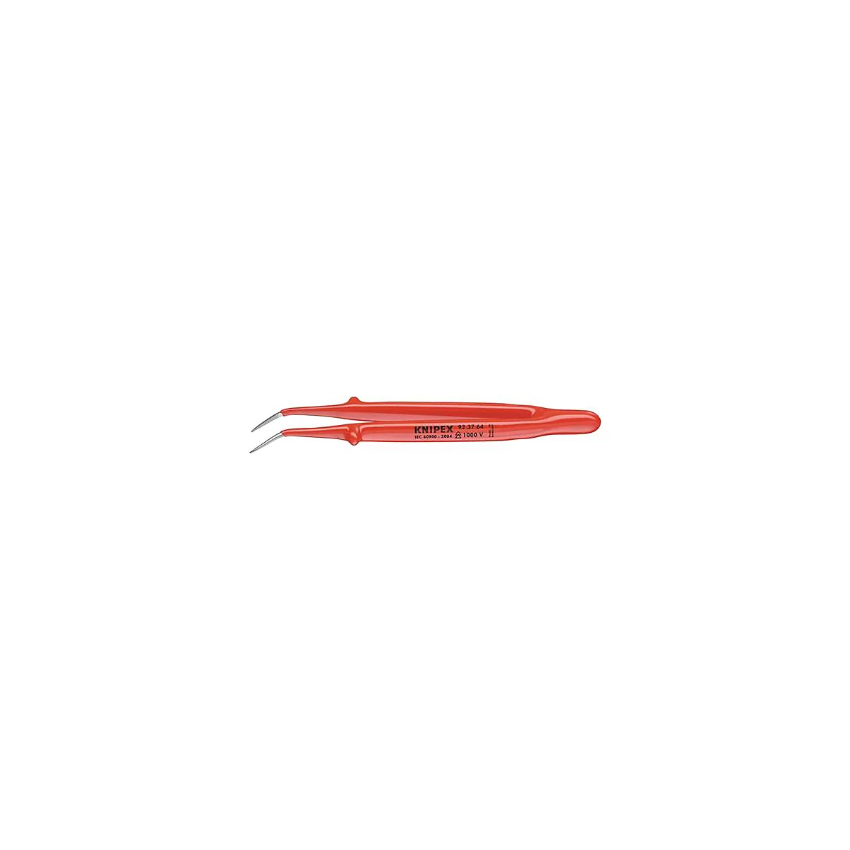 Pince à épiler rouge isolée. Inscription : KNIPEX, 92 37 46. MC 60906, 1000 V.