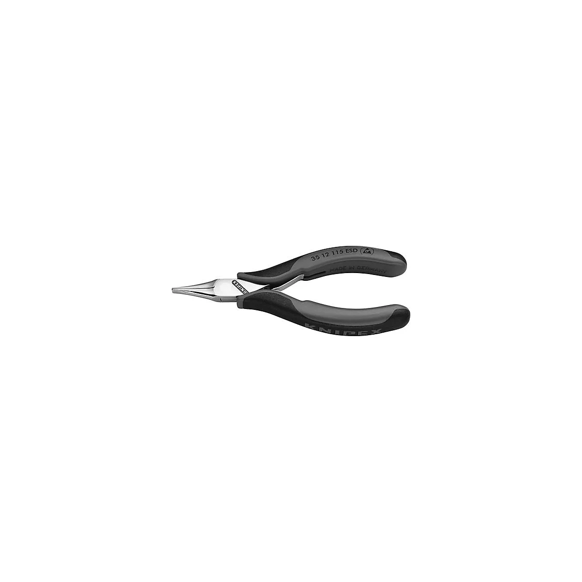 Pince à bec Knipex, noire et grise. "KNIPEX" est écrit sur la poignée. "KNIPEX" est également visible sur la tête de la pince.