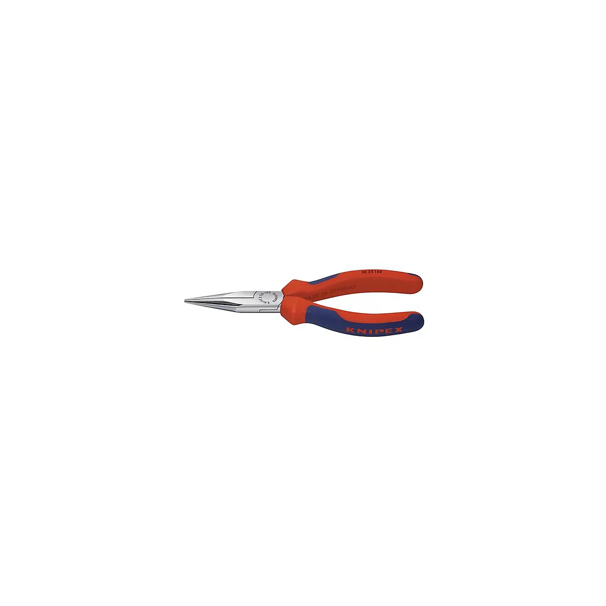 Une pince à bec effilé, rouge-bleu, avec l'inscription KNIPEX.