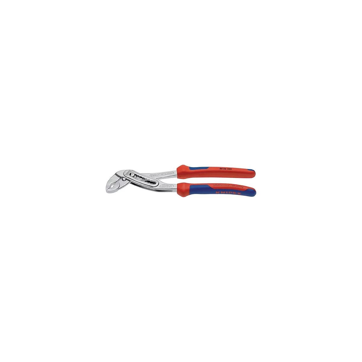 Pince avec poignées rouges et bleues, métal, outil. Il est écrit "KNIPEX" sur la poignée.
