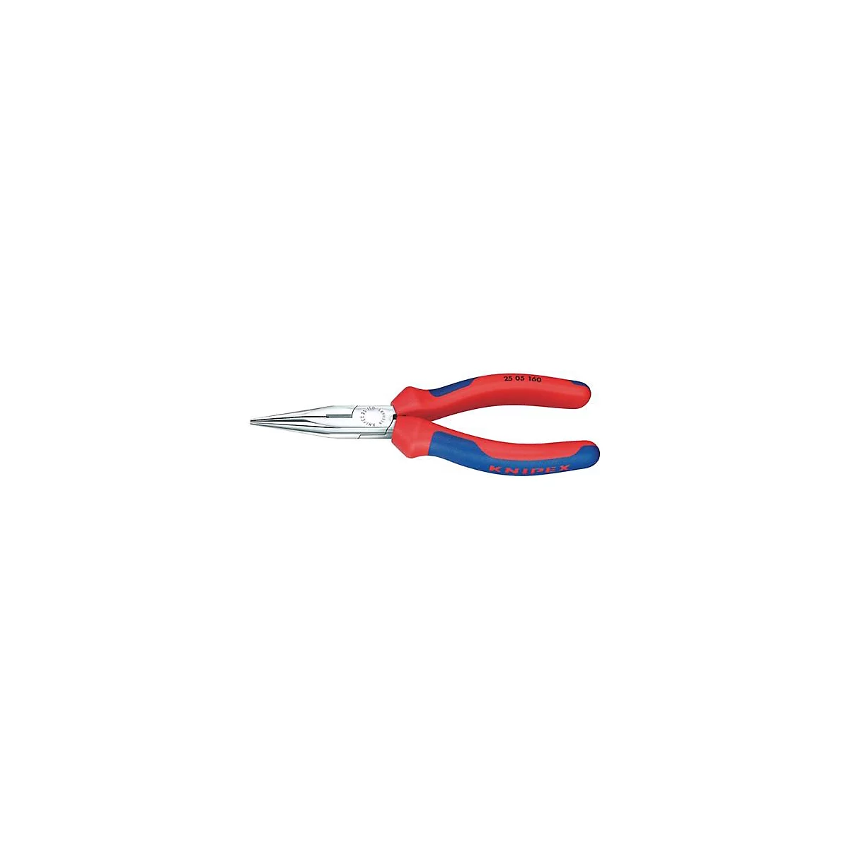 Pince à bec effilé avec des poignées rouges et bleues. Le nom KNIPEX est visible sur la poignée, ainsi que l'inscription "25 05 160".