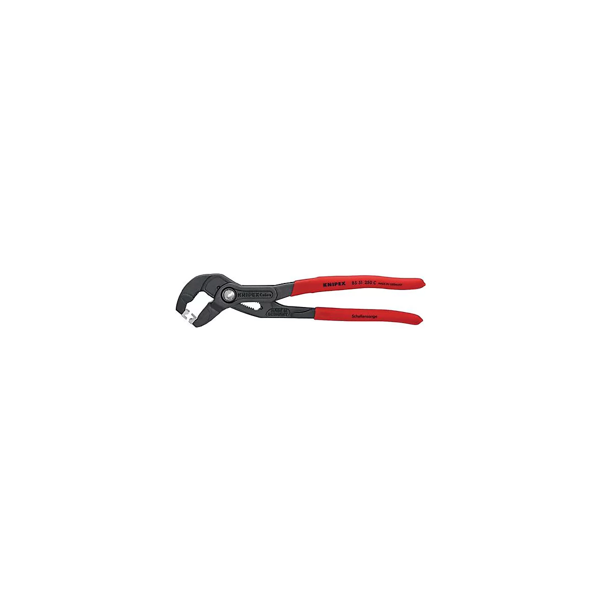 Pince avec des poignées rouges et l'inscription KNIPEX, 85 51 250 C. Fabriqué en Allemagne. Tête noire.