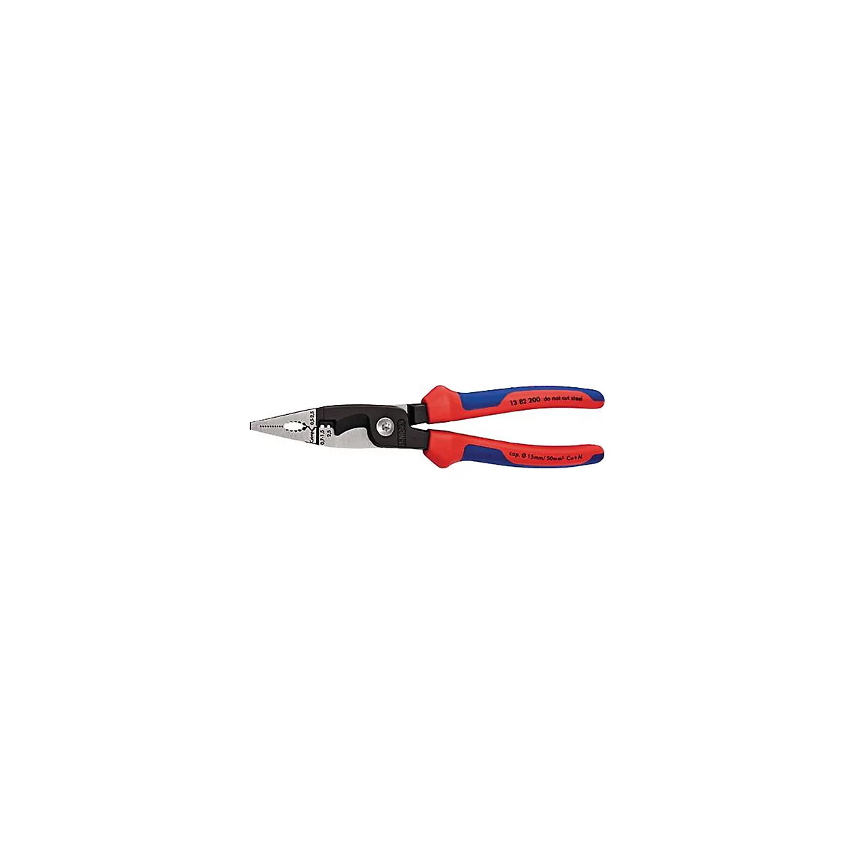 Pince Knipex avec poignées rouges et bleues. Des chiffres et des inscriptions sont visibles sur la pince.