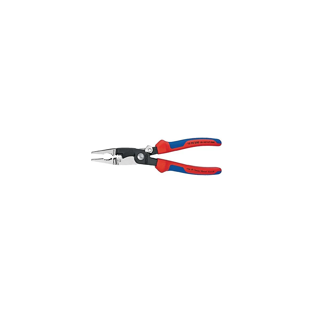 Une pince avec des poignées rouges et bleues. La pince a une pointe noire avec différentes plages de mesure.