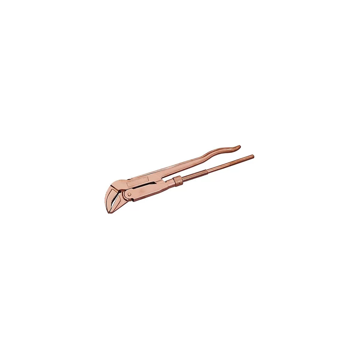 Une clé à molette de couleur bronze repose sur un fond blanc, les dents de la pince sont au premier plan.