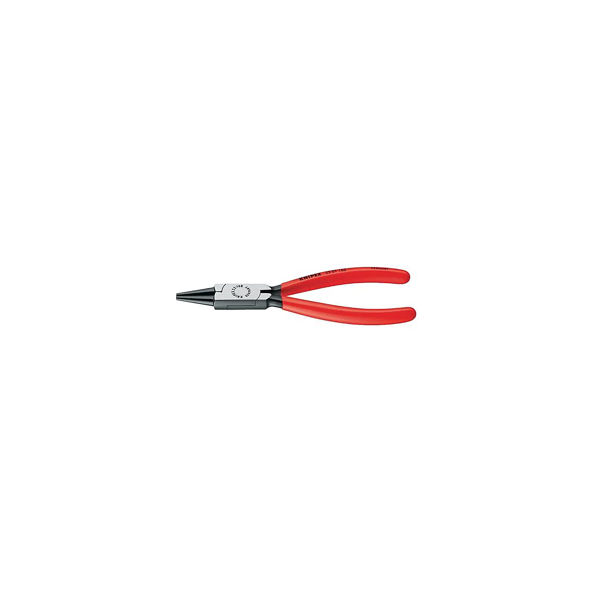 Pince à bec rond avec poignées rouges. Outil avec tête argentée et pointe noire. Inscription KNIPEX.