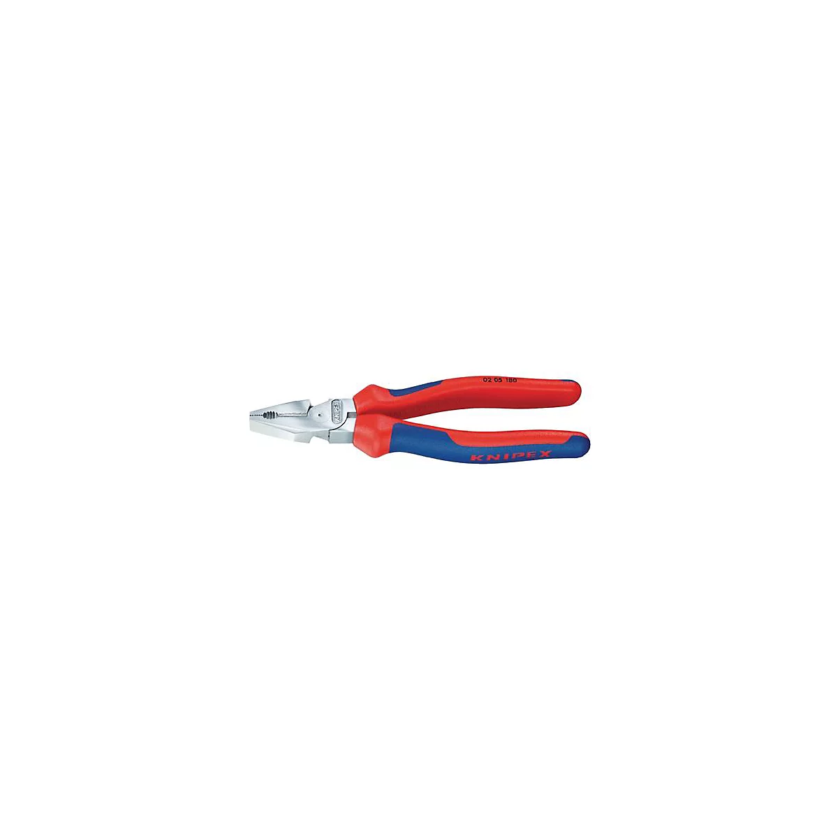 Pince Knipex : poignées rouges et bleues, mâchoires argentées. Sur les poignées : "KNIPEX" et "02 05 180".