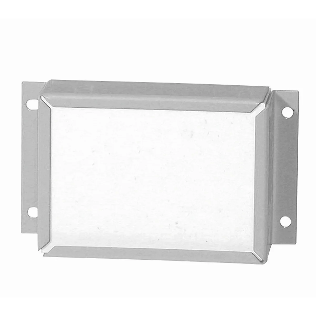 Metal plate with a rectangular frame and holes for attachment. Inner surface white.