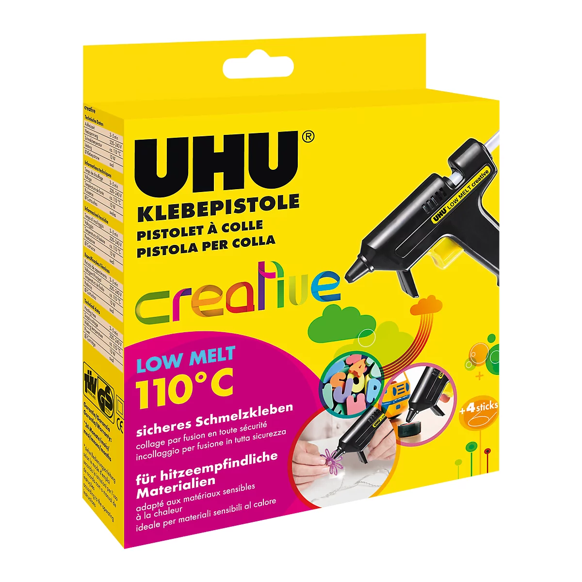 Pistolet à colle chaude Creative LOW MELT 110°C UHU, avec 4 cartouches de colle, 10 W