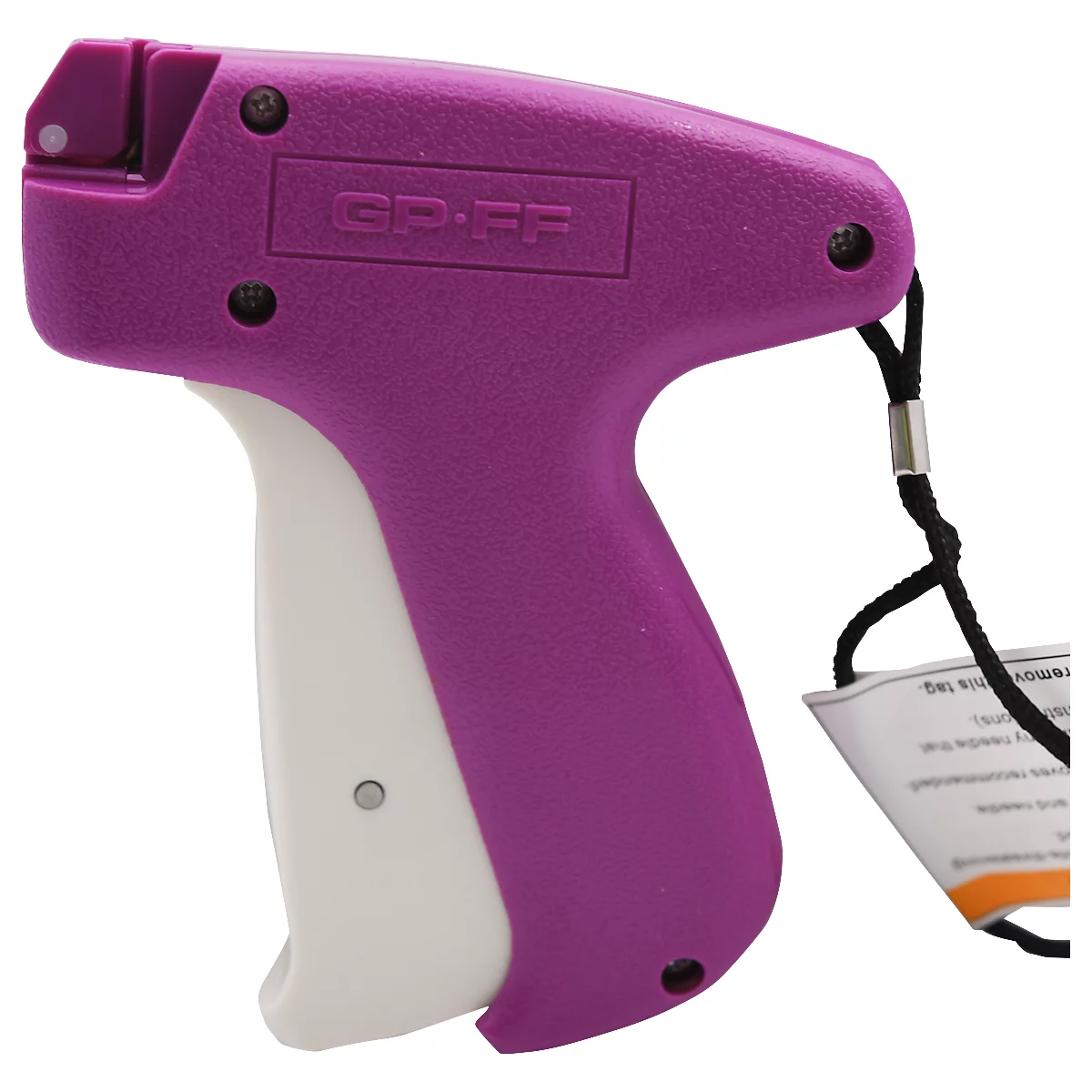 Pistolet d'étiquetage textile violet avec poignée blanche et cordon noir.