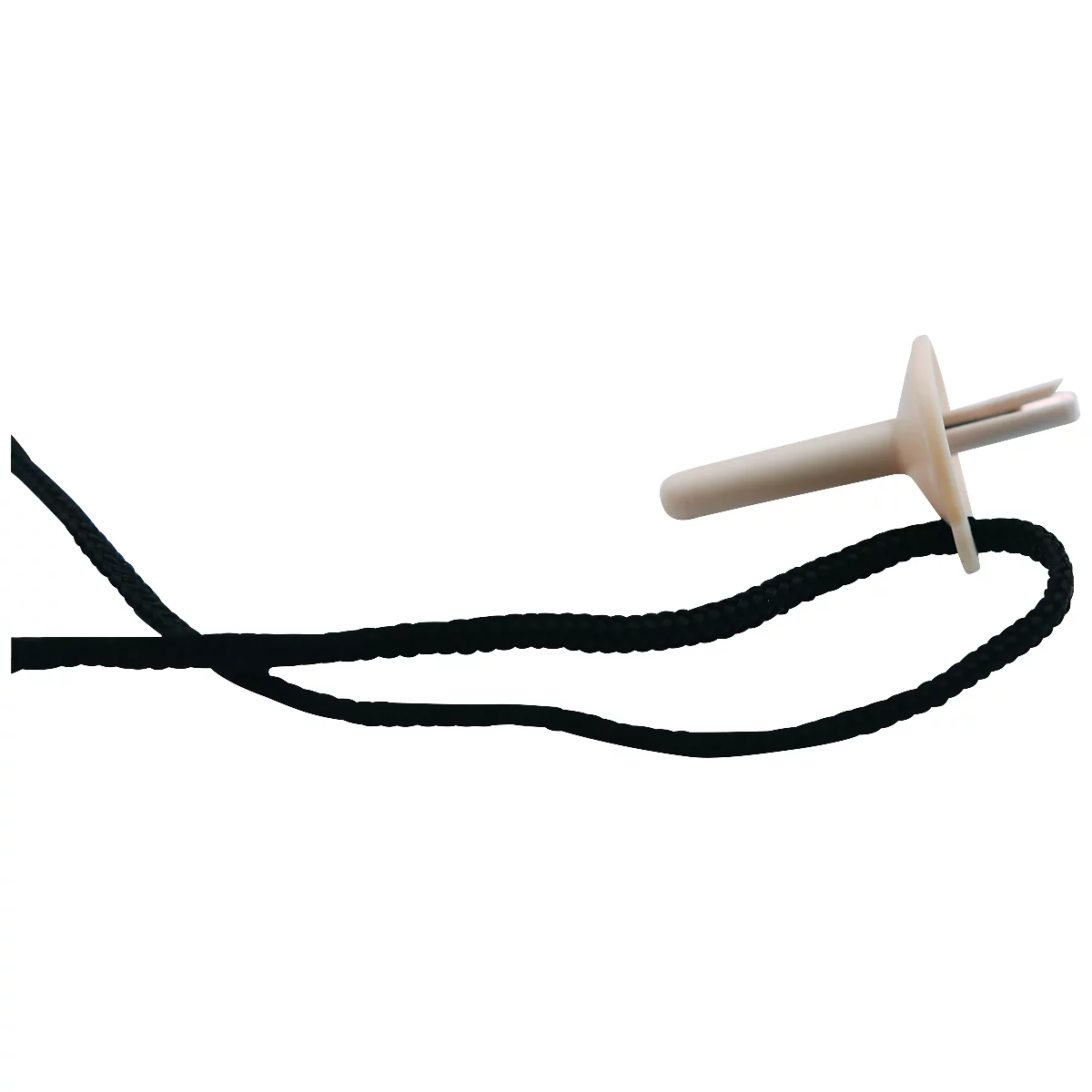 Une pièce en plastique blanc avec un cordon noir. La pièce en plastique a une forme cylindrique, un cercle plat et deux évidements.