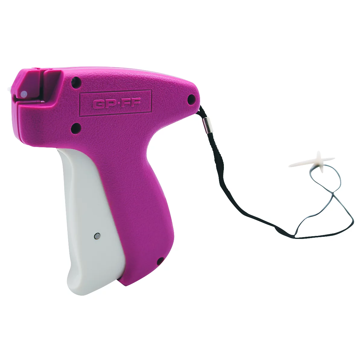 Un pistolet à étiquettes rose avec une poignée blanche et une lanière noire.