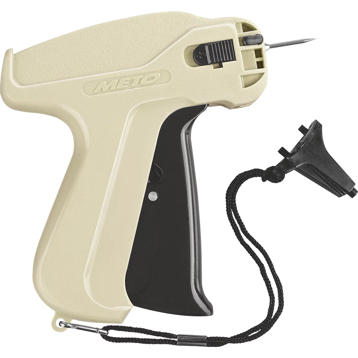 Pistolet d'étiquetage beige avec poignée noire et protège-aiguille. Inscription : METO.