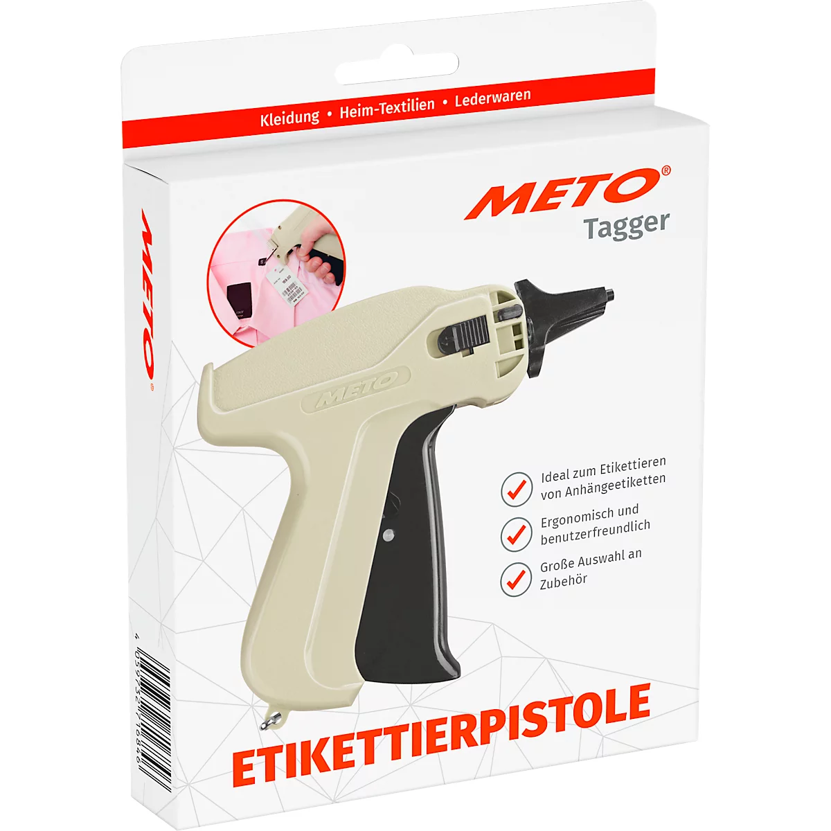 Pistolet d'étiquetage beige clair avec poignée noire. L'emballage indique METO Tagger et pistolet d'étiquetage.
