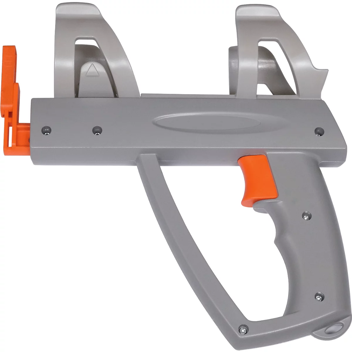 Pistolet jouet gris avec gâchette et détails orange. Deux supports sur le dessus.
