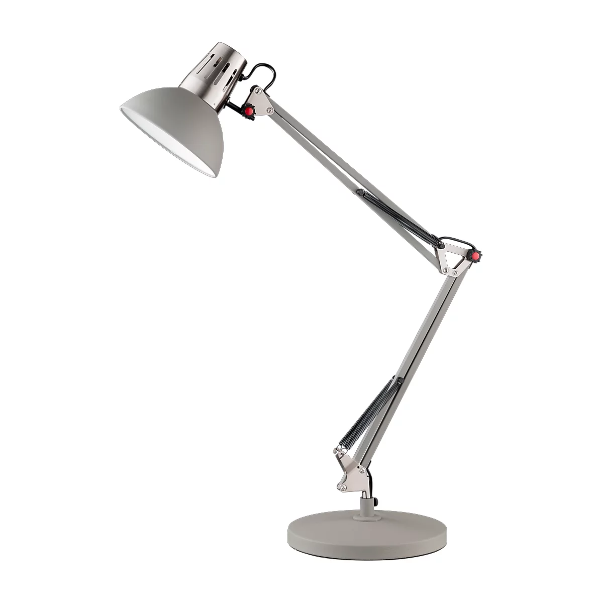 Grey desk lamp, flexibly adjustable. Lampshade, arms and base in grey. Detail: Red on/off switch.