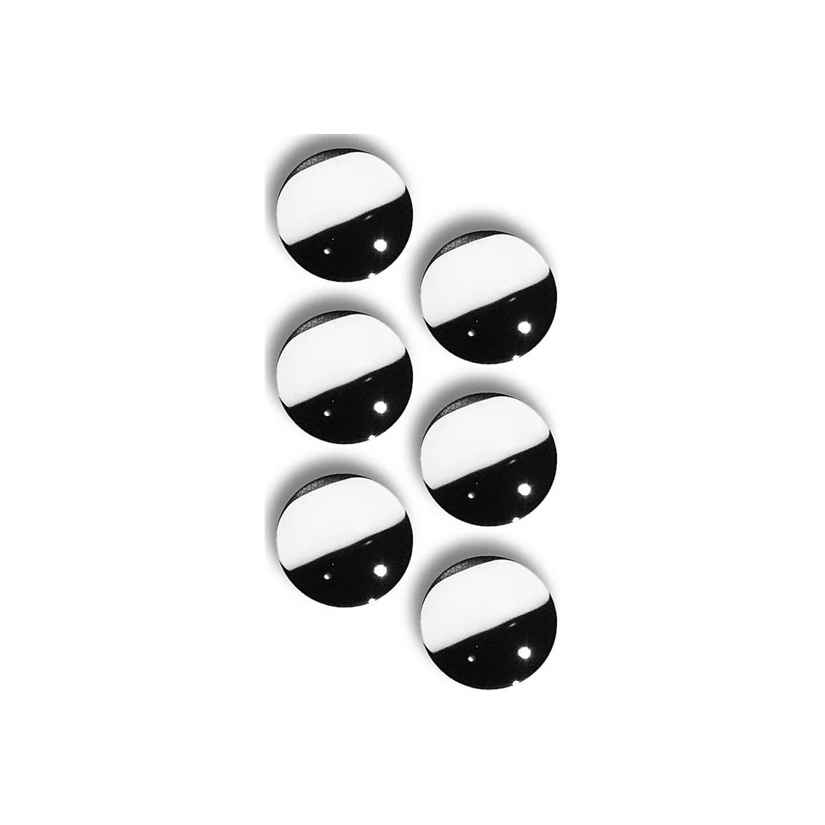 Six boutons ronds, noirs et blancs sur fond blanc. Chaque bouton est divisé par une ligne diagonale.