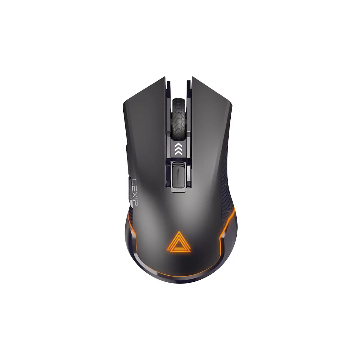 Drahtlose Gaming-Maus. Schwarz mit orangefarbenen Akzenten und Logo. Scrollrad und Zusatztasten.