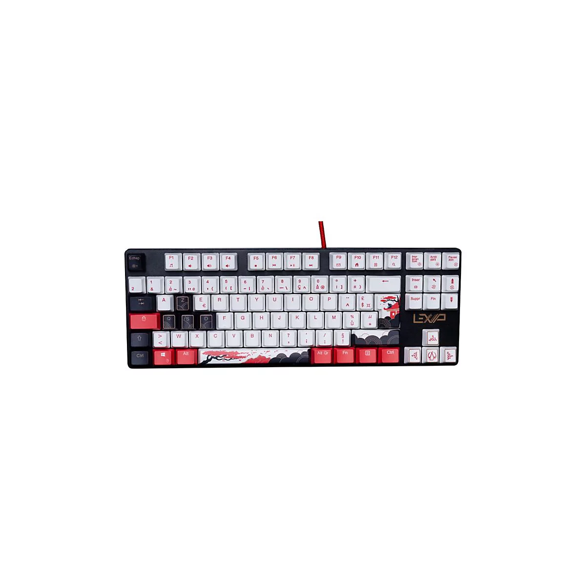 Schwarze Tastatur mit roten und weißen Akzenten. Japanisches Motiv auf der Leertaste. Rotes Kabel.