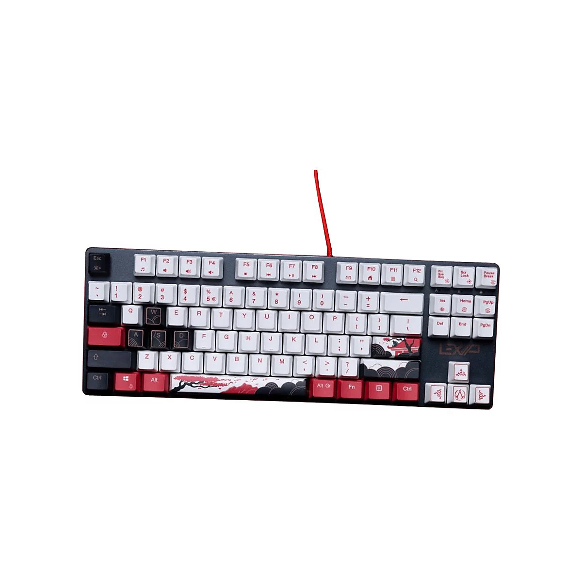 Mechanische Tastatur mit weiß-schwarzem Design und roten Akzenten, verziert mit asiatischen Kirschblütenmustern.