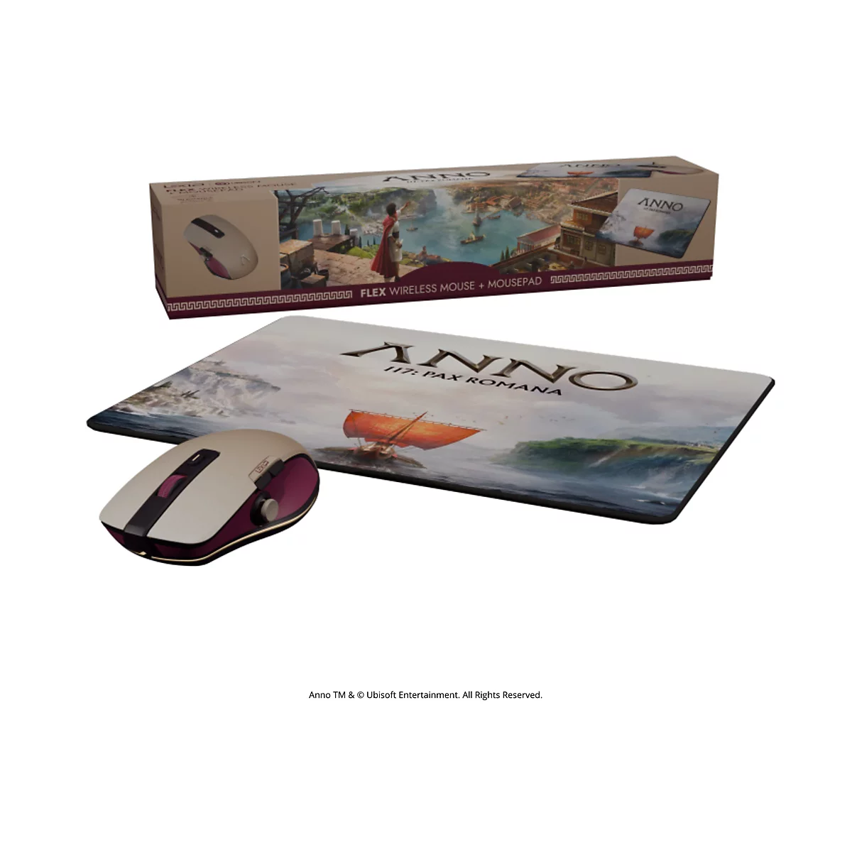 Drahtlose Maus und Mauspad mit "Anno 117: Pax Romana" Motiv. Maus in beige und weinrot, Mauspad mit Illustration.