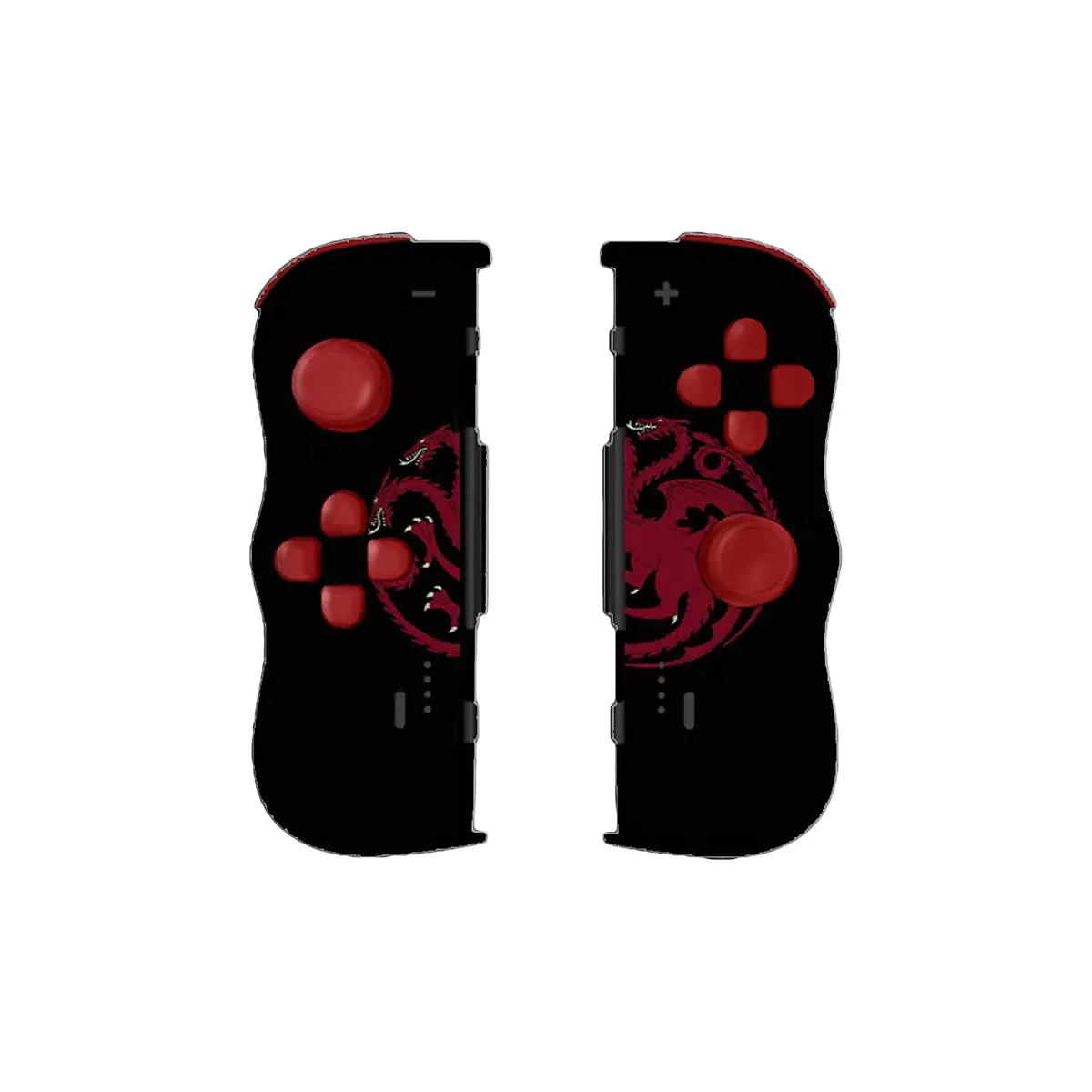 Schwarze Gamecontroller, rot akzentuiert. Auf beiden Seiten sind Game of Thrones Drachenlogos.