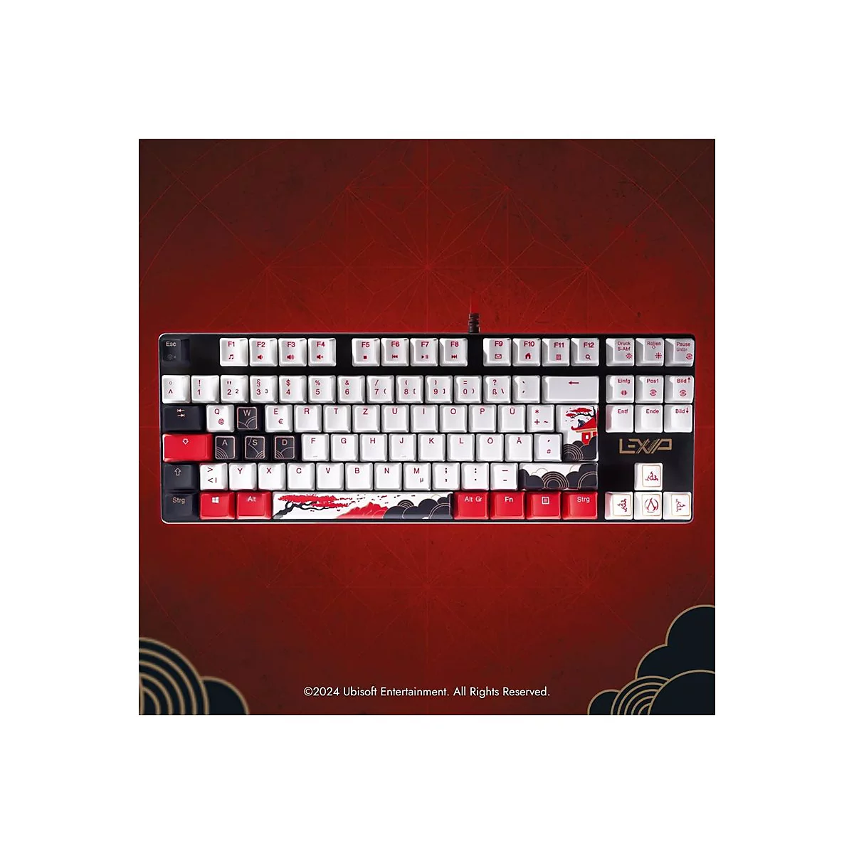 Draufsicht auf eine mechanische Tastatur mit schwarzem Gehäuse, weißen Tasten und roter Akzentfarbe, sowie japanischen Designelementen.