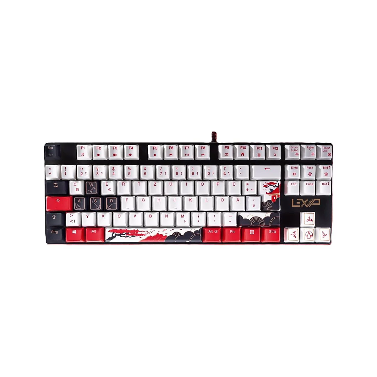 Mechanische Tastatur in Schwarz mit weißen und roten Tasten. Japanisches Design mit rot-weißem Landschaftsmotiv. Beschriftungen in weiß.