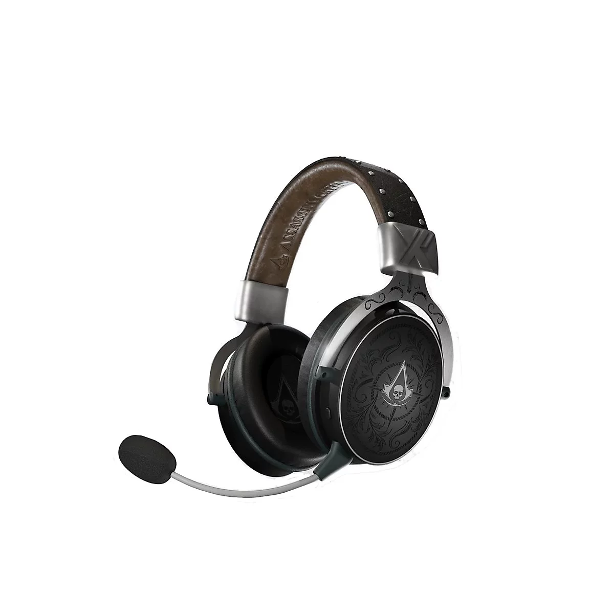 Assassin's Creed Gaming-Headset mit braunem Lederbügel und schwarzen Ohrmuscheln auf weißem Hintergrund.