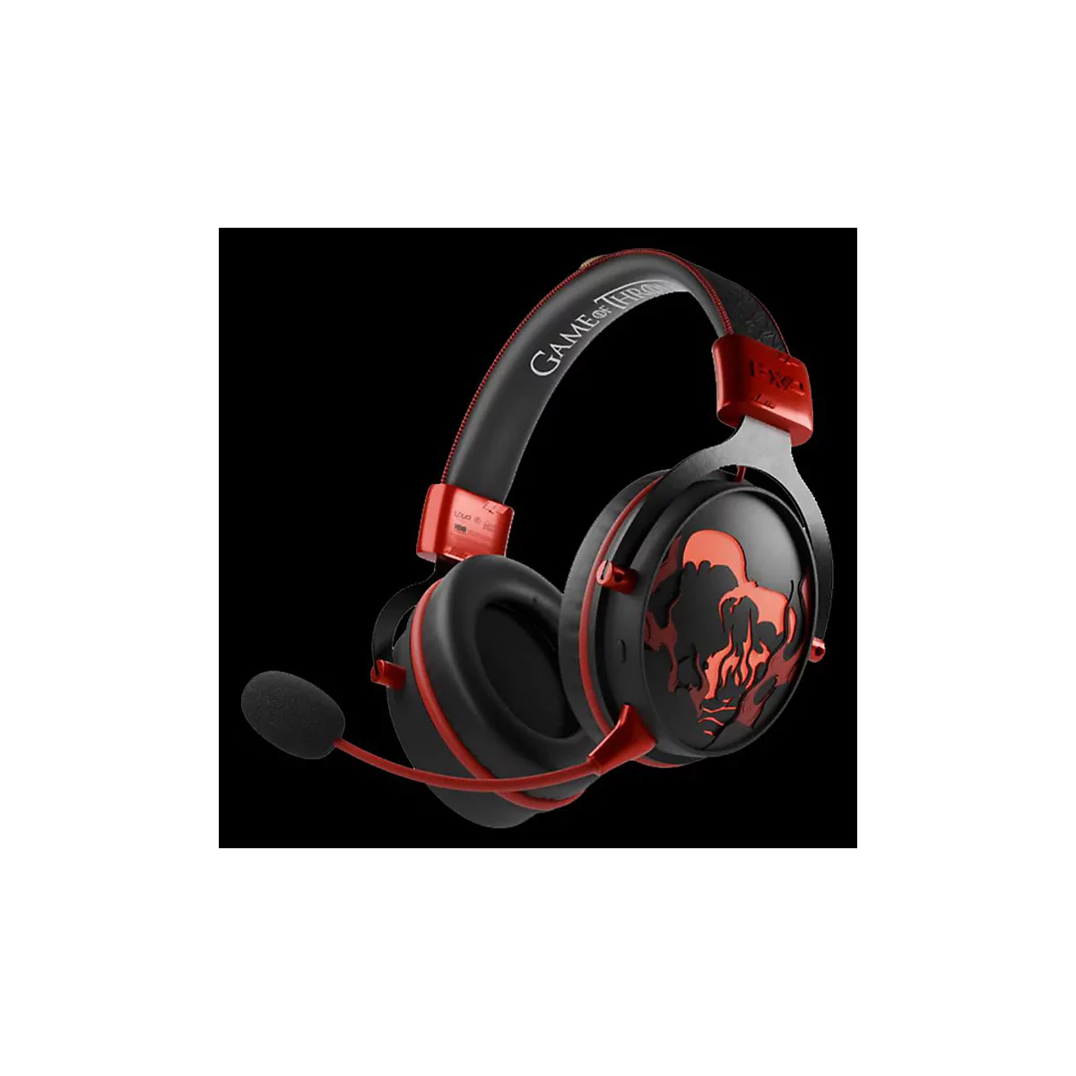 Schwarzes Gaming-Headset mit roten Akzenten und „Game of Thrones“-Logo. Der Bügel und die Ohrmuscheln sind schwarz mit roter Umrandung. Das Mikrofon ist schwarz.