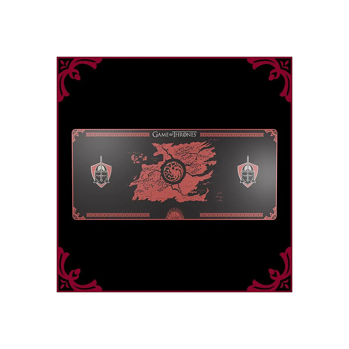 Schwarzes Mousepad mit roter Karte von Westeros, Game of Thrones-Logo, Wappen und Bordüre.