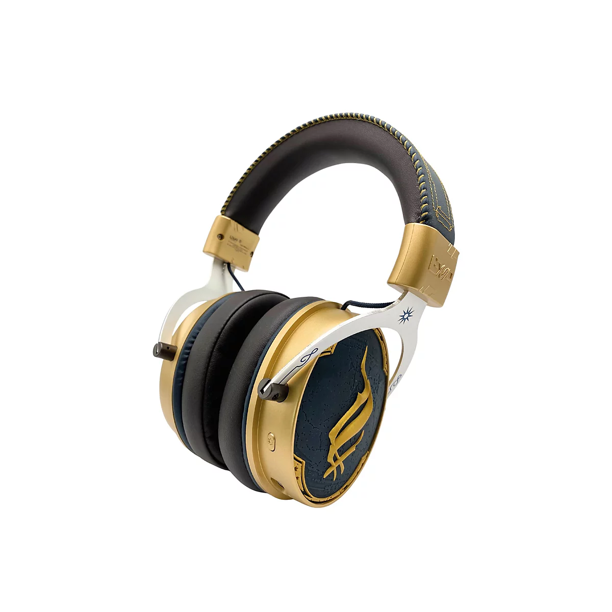 Draufsicht auf einen Kopfhörer in Gold und Blau. Der Bügel ist gepolstert, goldfarben abgesetzt. Auf den Ohrmuscheln ist ein Symbol zu sehen.