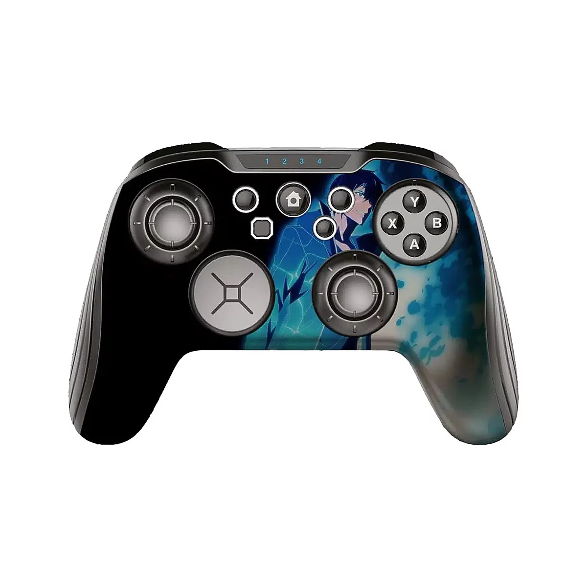 Schwarzer Gamecontroller mit Anime-Grafik. Die Knöpfe sind beschriftet mit Buchstaben und Zahlen.