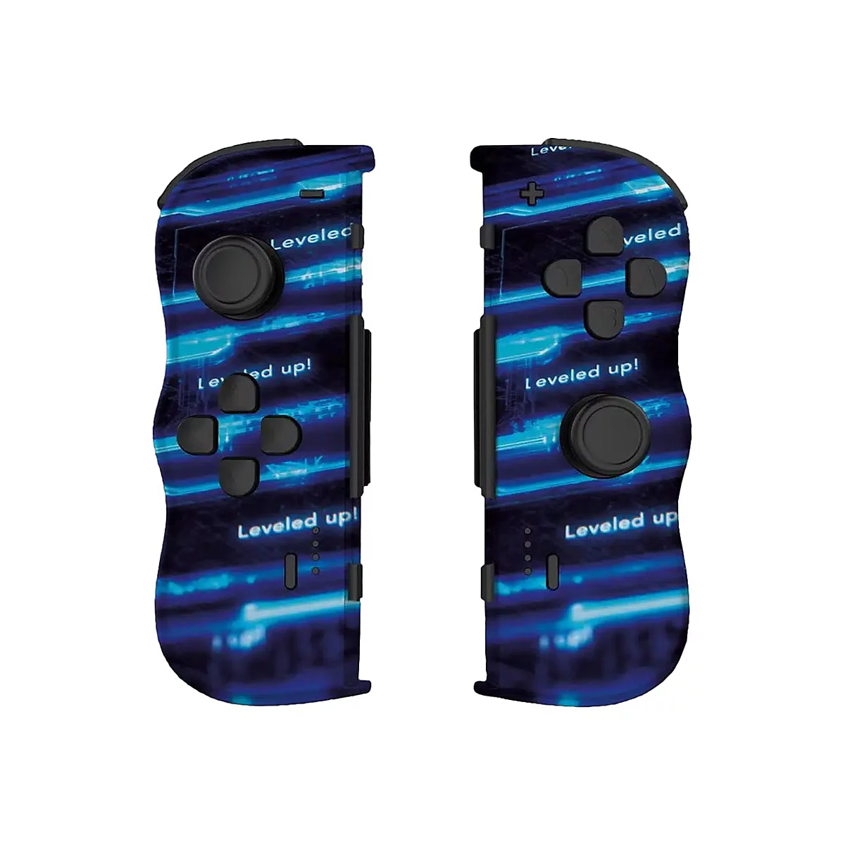 Zwei blaue Controller für eine Spielkonsole. Auf den Controllern steht: Leveled up!