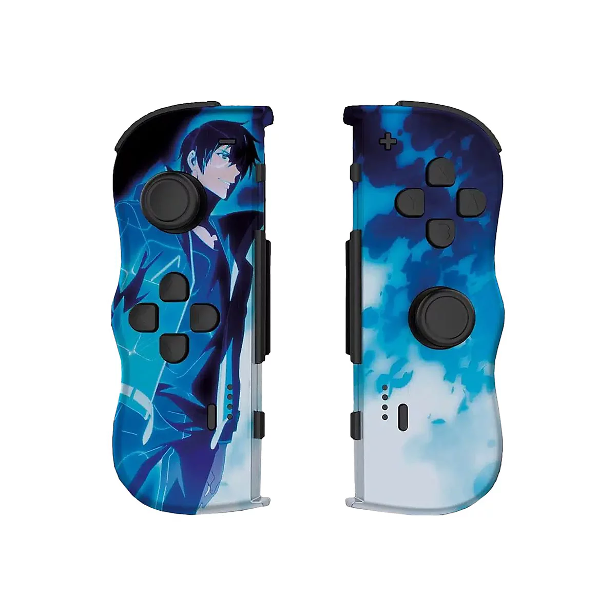 Zwei Joy-Con-Controller mit Anime-Motiv, blau-weiß, vor weißem Hintergrund.