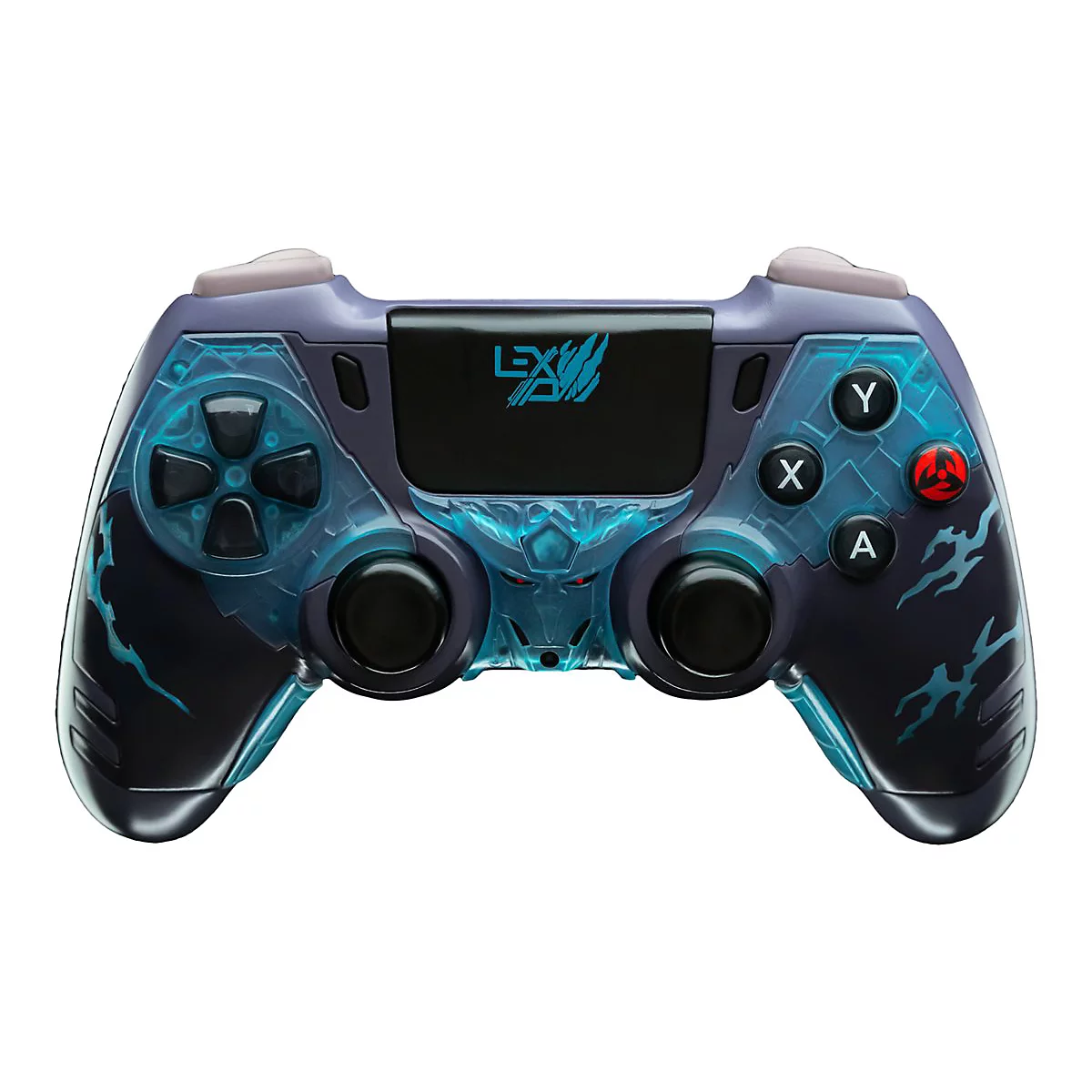 Ein dunkelblauer Playstation-Controller mit blau leuchtenden Verzierungen und roten Knöpfen. Das Design zeigt einen Eis- oder Feuer-Look.