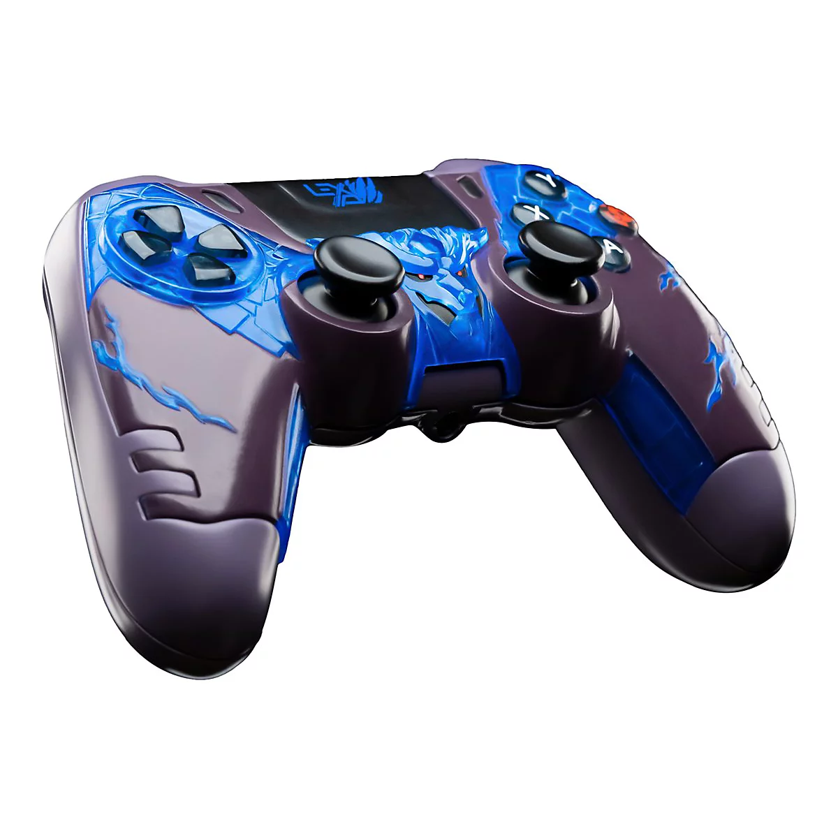Drahtloser Controller mit blauem Design und Details. Die Knöpfe sind schwarz, das Gehäuse lila mit blauen Akzenten.