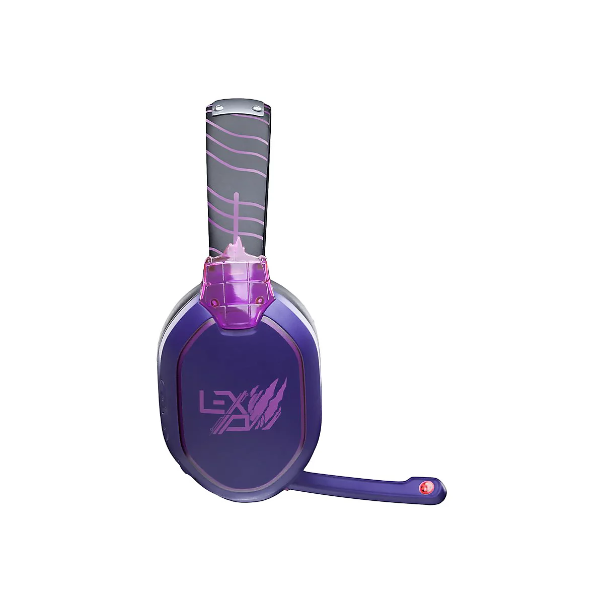 Lila-schwarzes Gaming-Headset mit Logo. Der Bügel hat graue Streifen. Der Mikrofonarm ist dunkelviolett.