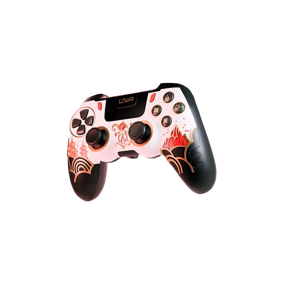 Ein weiß-schwarzer Gamecontroller mit roten und goldenen Akzenten. Knöpfe und Details zeigen japanische Motive. Aufschrift: LEXIP.