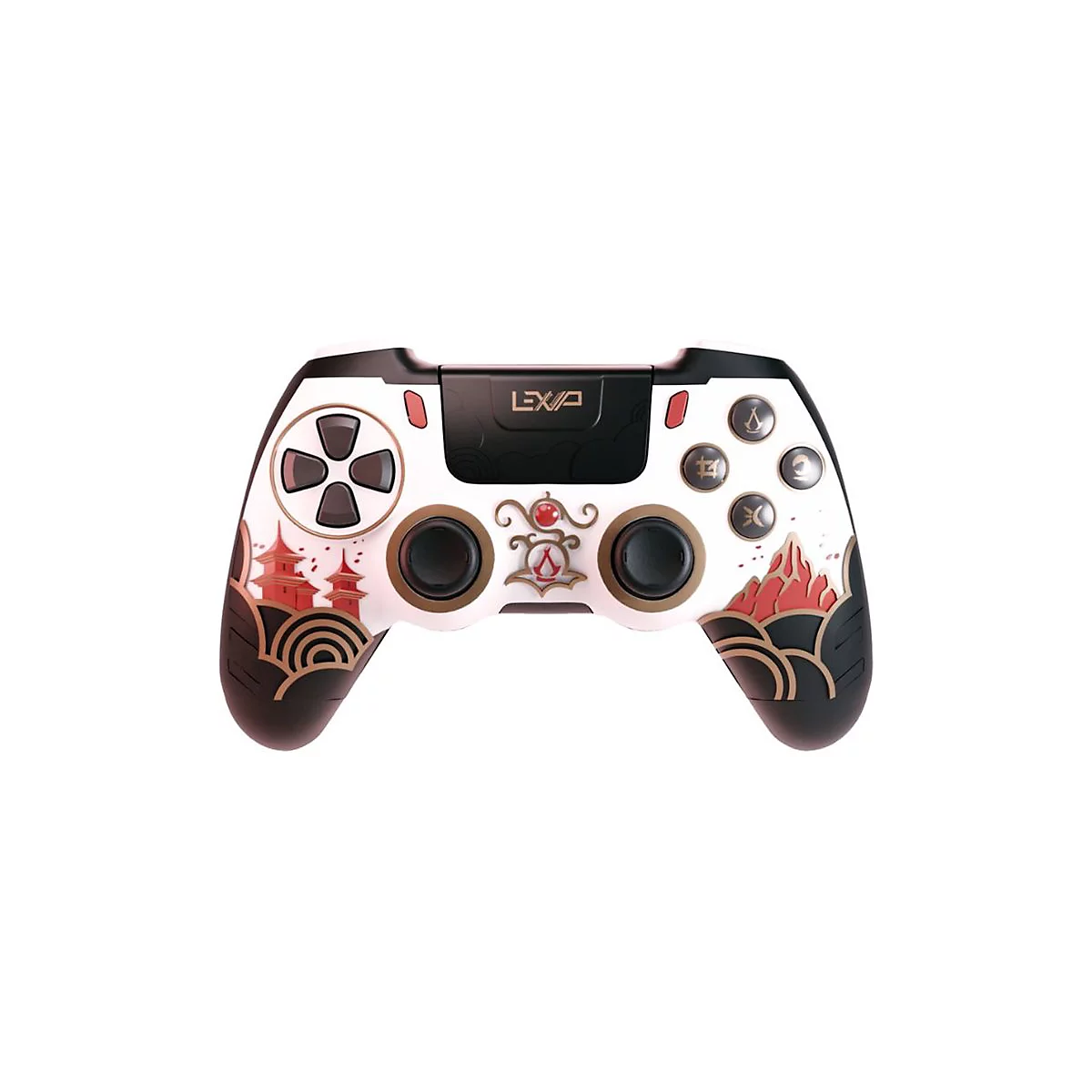 Weißer Controller mit roten und goldenen Details, japanisch inspiriert. Schwarze Analog-Sticks, Richtungspad und Tasten.