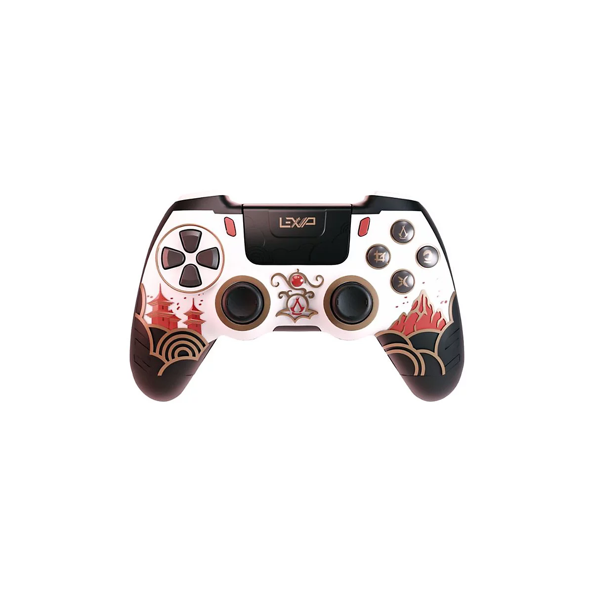 Ein weißer Playstation Controller mit schwarzen, roten und goldenen Akzenten. Dekor mit Tempeln und Symbolen.