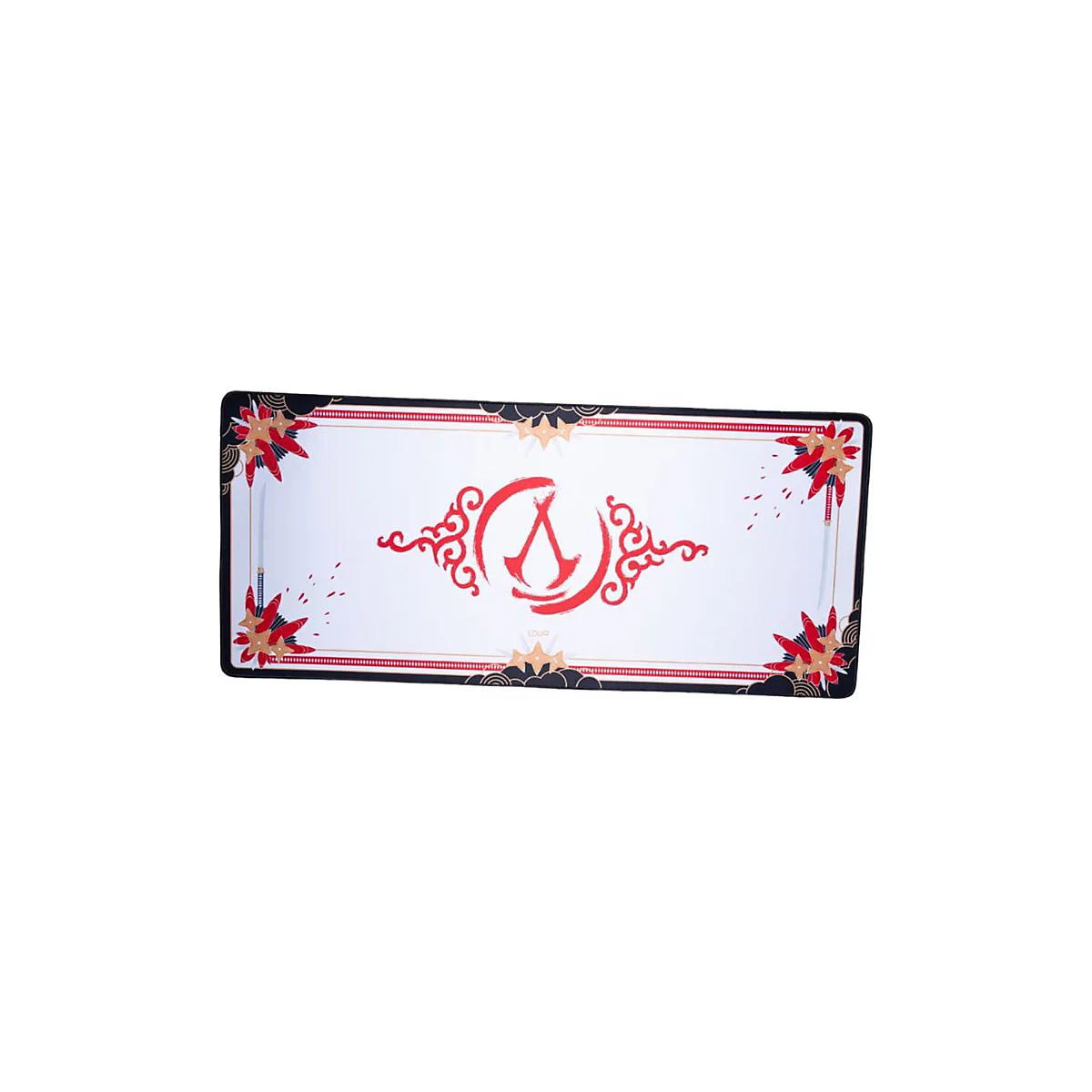 Rechteckige Mousepad-Oberfläche, weiß mit rotem Assassin's Creed-Logo und Dekor. Ecken mit Blumen und Schwertern.