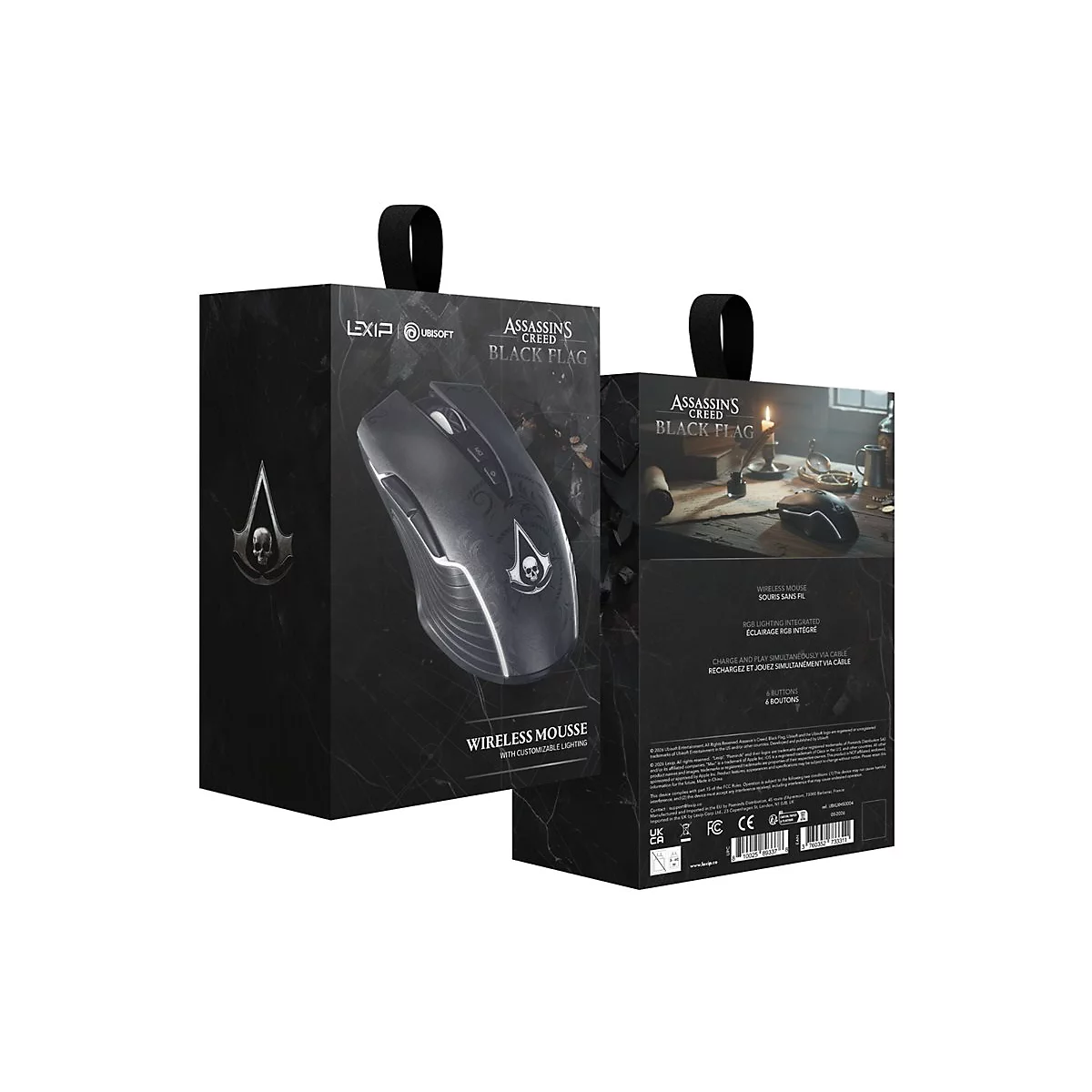 Verpackung der Assassin's Creed Black Flag Gaming-Maus mit schwarzem Design und Logo.