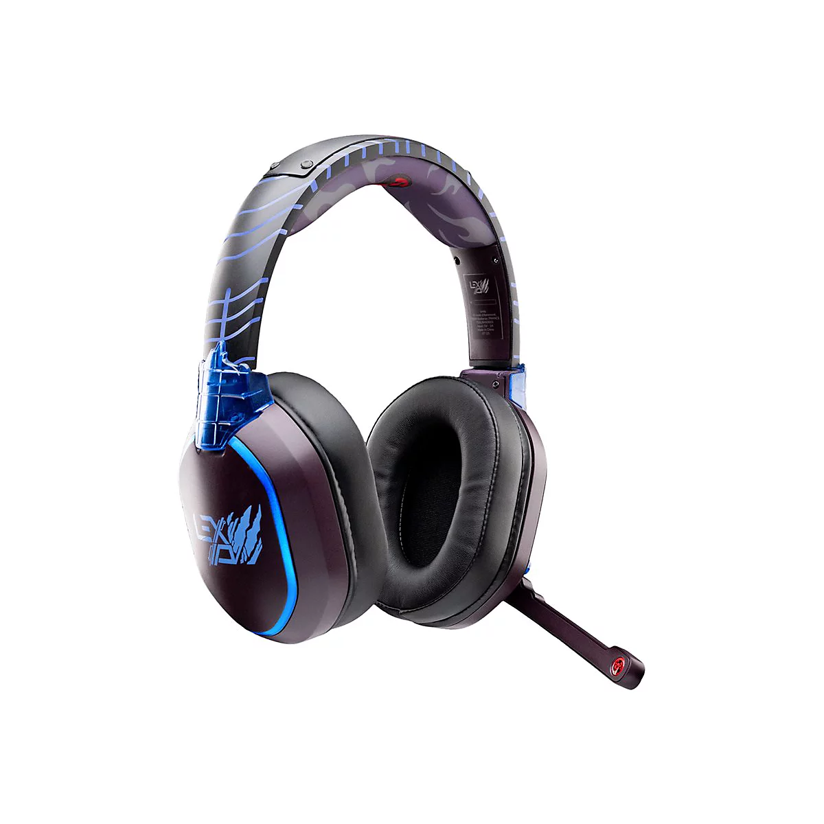 Casque de jeu sans fil violet et noir avec des accents lumineux bleus et un microphone.