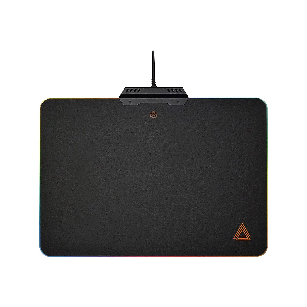 Tapis de souris de jeu rectangulaire noir avec éclairage RVB et logo.