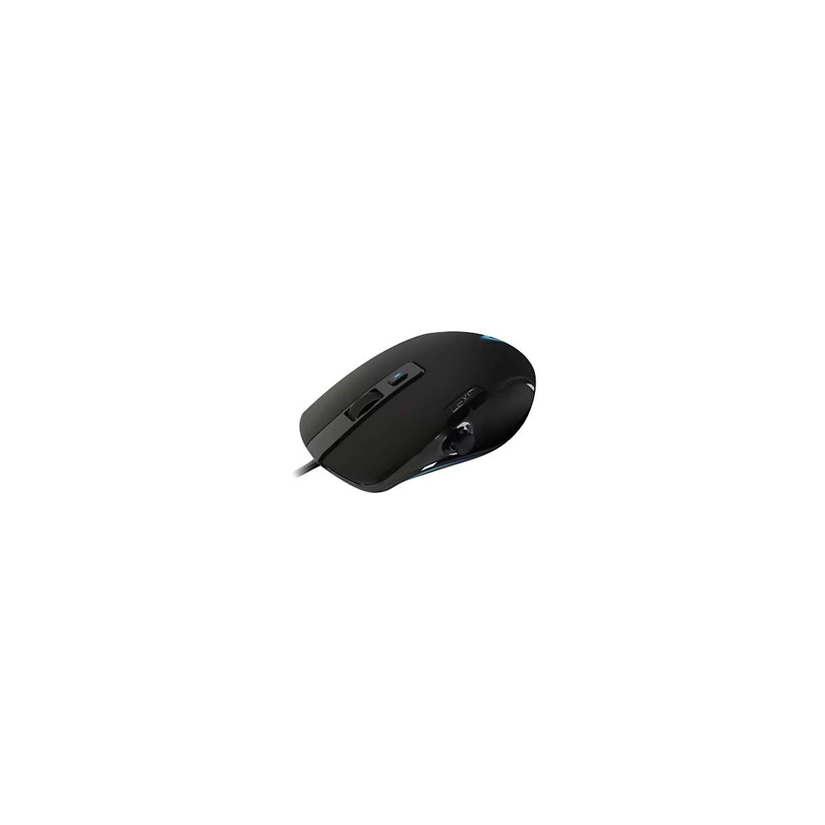 Souris de jeu noire filaire avec molette de défilement et boutons latéraux. Texte : Lexis.
