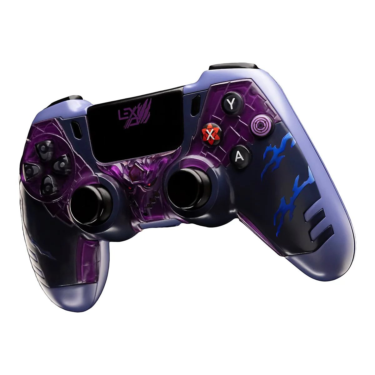 Manette Playstation bleu-violet avec design monstre. Boutons noirs, X, O, triangle, carré, A, Y. Logo : LEX, PS4.