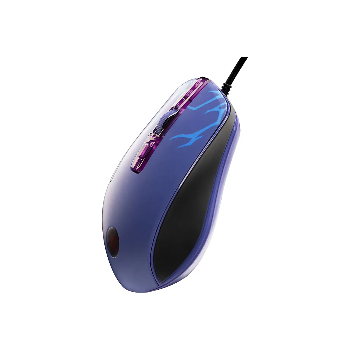 Souris de jeu bleue, avec des éléments violets, un motif d'éclair et un bouton rouge.