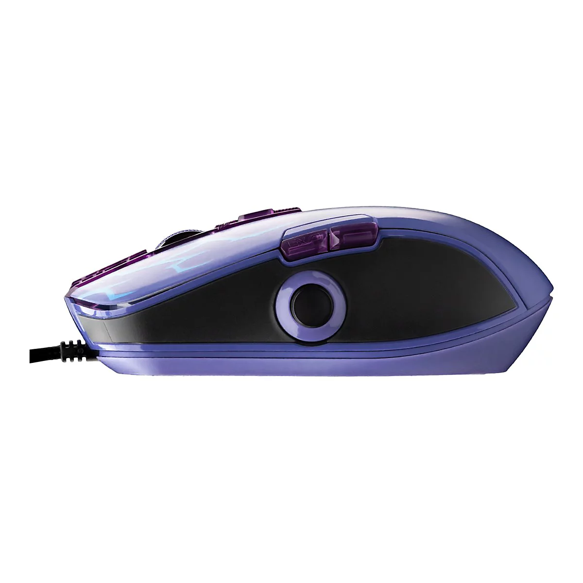 Souris de jeu bleue avec accent noir et câble, vue latérale.